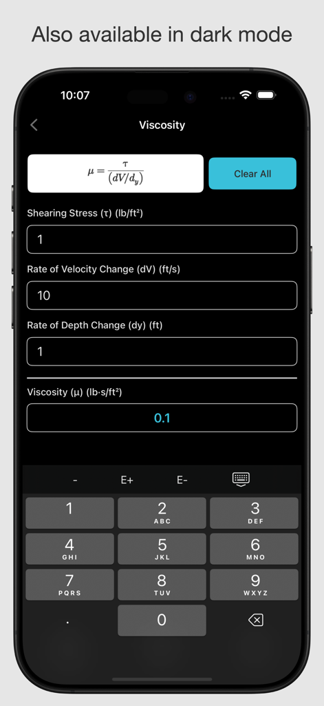 Hydraulics and Waterworks Calc - Application Calcul Hydraulique et Hydraulique Urbaine montrant l'outil de calcul de viscosité en mode sombre.