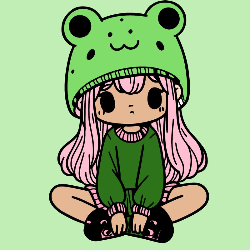 a girl wearing a frog hat and some frog socks