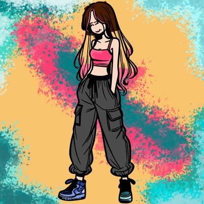 girl in baggy pants crop top and long hair