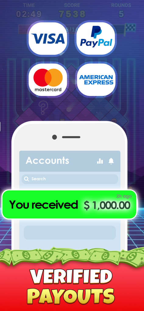 Marble Cash - Aplicación Marble Cash que muestra pagos verificados a través de Visa, PayPal, Mastercard y American Express con una notificación de recompensa de mil dólares