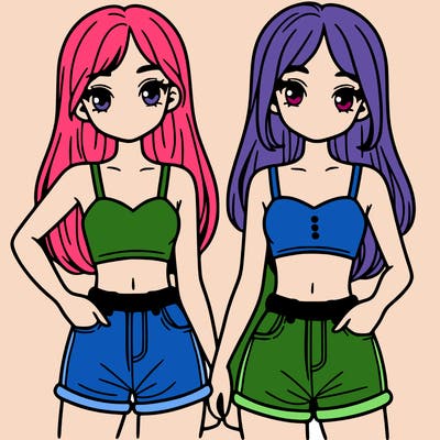 two sisters with crop tops and jean shorts and straight hair