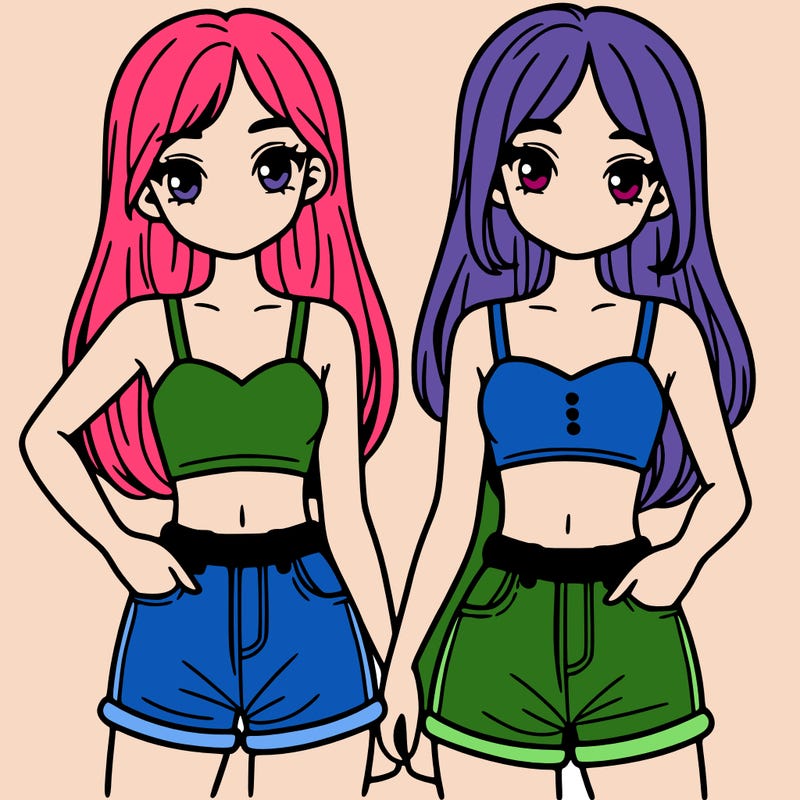two sisters with crop tops and jean shorts and straight hair