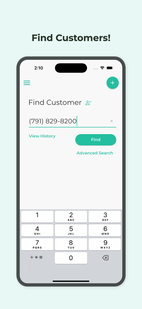 Snap Loyalty App-Bildschirm, der die Benutzeroberfläche zur Kundensuche durch Eingabe ihrer Telefonnummer zeigt