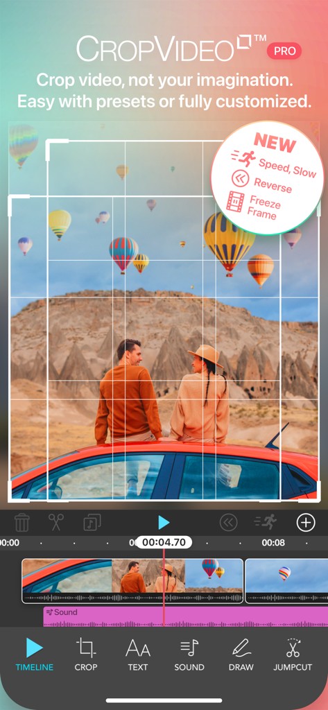 Crop Video Square Editor - Interface de l'application Crop Video Square Editor montrant les fonctions de recadrage vidéo et de réglage de la vitesse