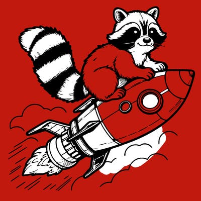 realistic raccoon flying on top rocket ship