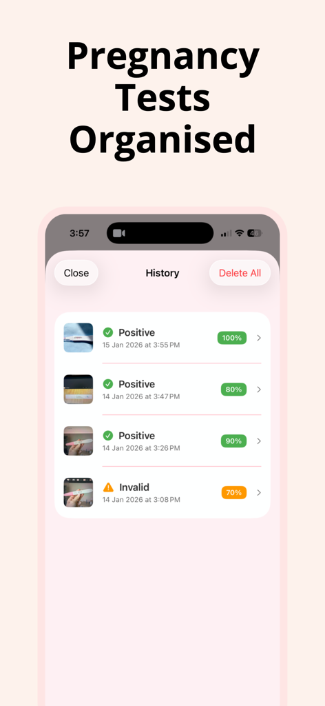 Pregnancy Test Checker: Linify - Pantalla de historial de la aplicación Linify mostrando una lista de escaneos de pruebas de embarazo pasadas con resultados de IA y puntuaciones de confianza