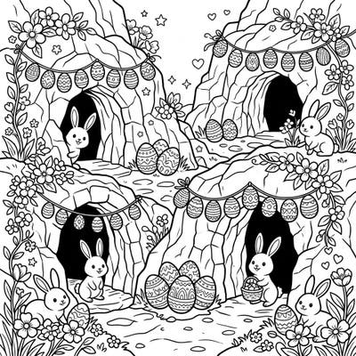 Discover a charming Easter scene featuring playful bunnies among beautifully decorated cave entrances. This intricate coloring page is filled with festive eggs and spring blossoms, perfect for a joyful coloring session.