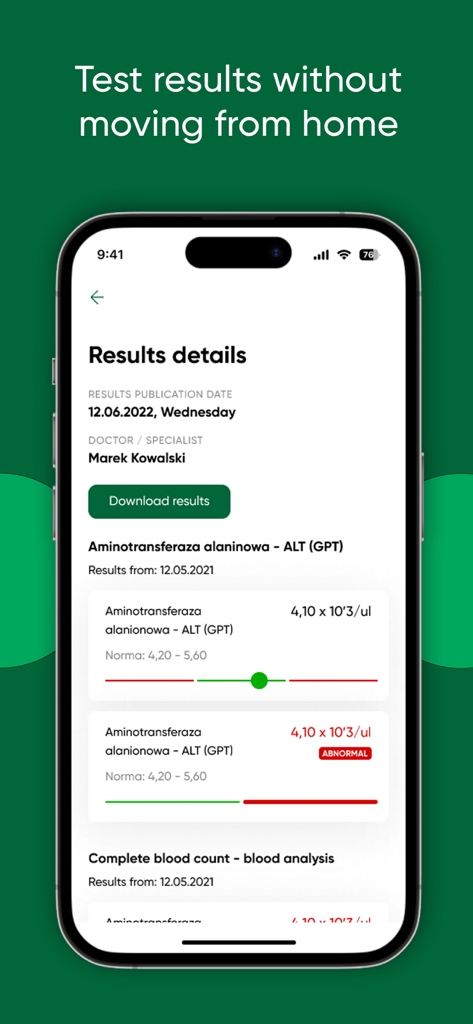 Tela do aplicativo Damian Mobile exibindo resultados de exames médicos de laboratório e informações do médico