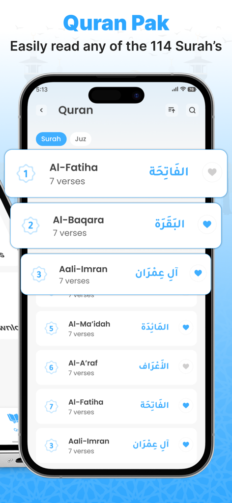 Qibla Finder & Namaz - A smartphone interface displaying a list of Quran Surahs with titles in Arabic and English