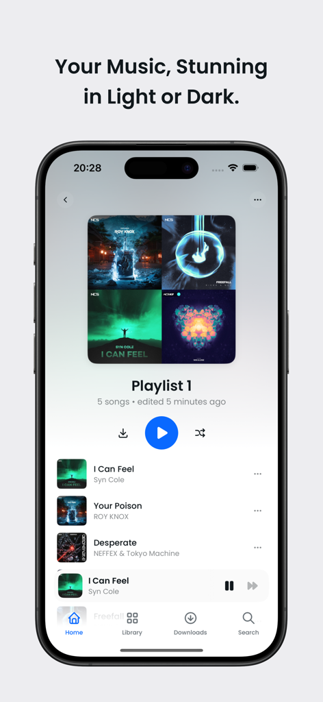 Agin Music – Navidrome Client - Aplicativo Agin Music mostrando uma playlist com arte do álbum em modo claro em um iPhone