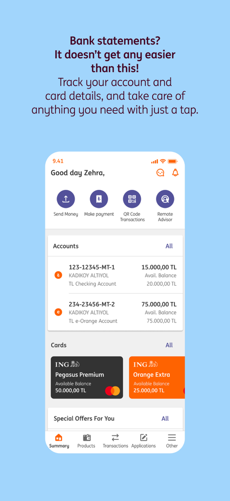 ING Mobil - Dashboard der ING Mobil Mobile App, das Kontostände, Kartendetails und Schaltflächen für schnelle Aktionen wie Geldüberweisungen und Zahlungen anzeigt.