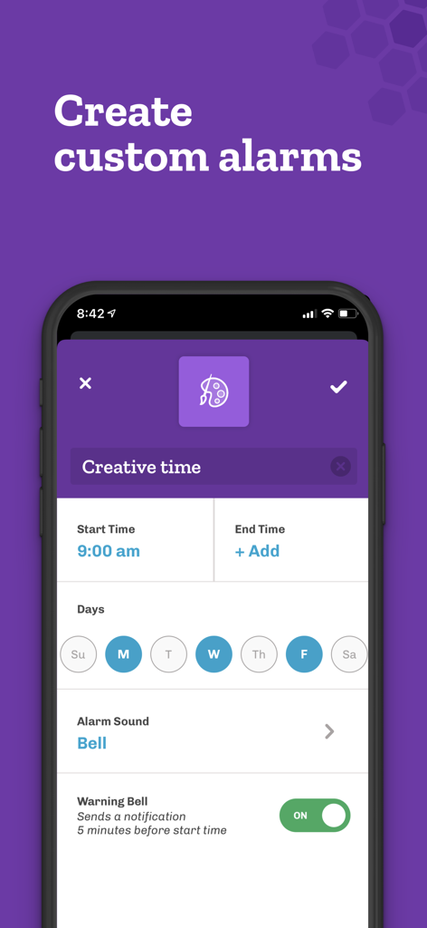 Bee Ready: Daily Reminders - Bee Readyアプリの画面。5分前アラーム付きのクリエイティブ・タイム用カスタムアラームを作成するインターフェースを表示。