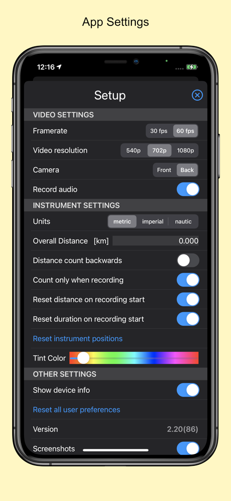 대시캠 앱의 비디오 및 계측기 설정을 보여주는 설정 화면