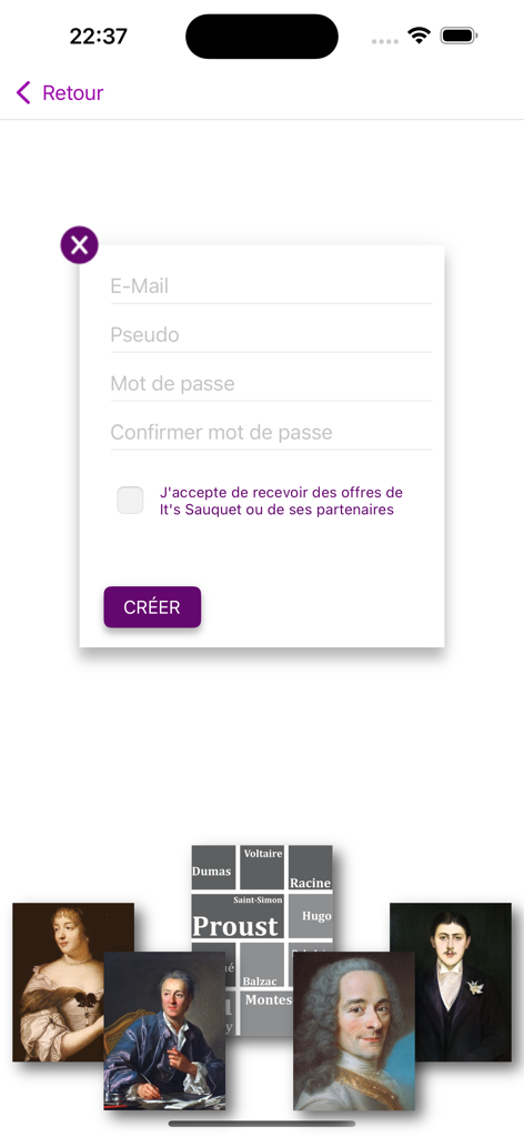 Un Texte Un Jour - Formulario de registro para la aplicación Un Texte Un Jour con retratos de famosos autores franceses al fondo.