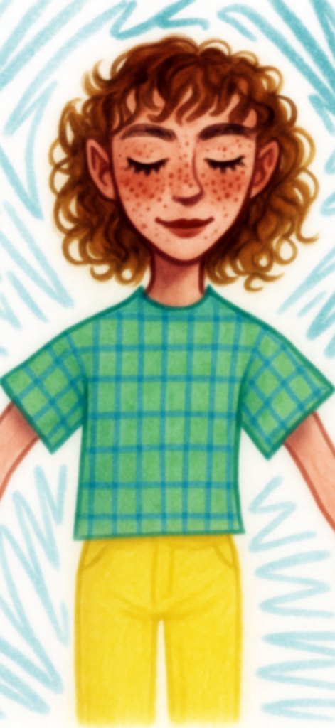 Symmetry Painter - Una colorida ilustración digital de una persona con cabello rizado y pecas, vistiendo una camisa a cuadros verde y pantalones amarillos.