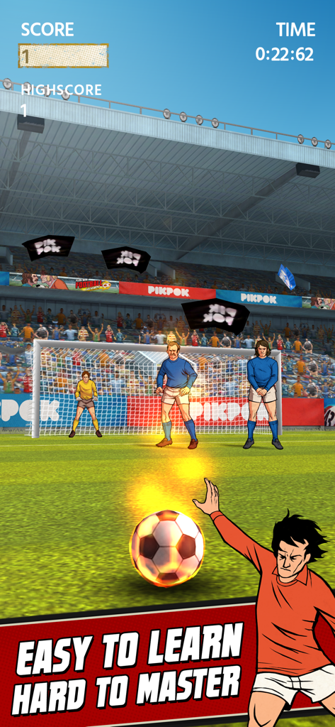 Flick Kick Football Kickoff - Retro style gameplay of Flick Kick Football Kickoff showing a player taking a free kick with a flaming ball.