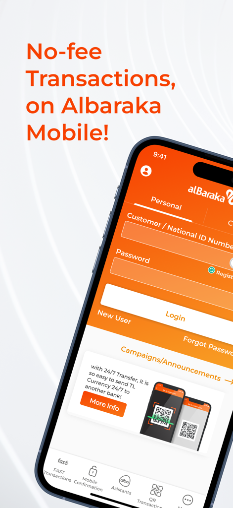 Albaraka Mobil - Schermata di login dell'app Albaraka Mobil che evidenzia transazioni senza commissioni.