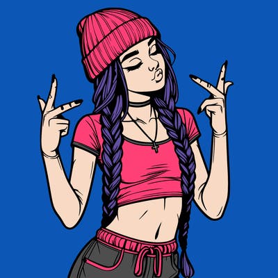 realistic teenage girl with braids and a beanie and crop top doing 🫶🏼