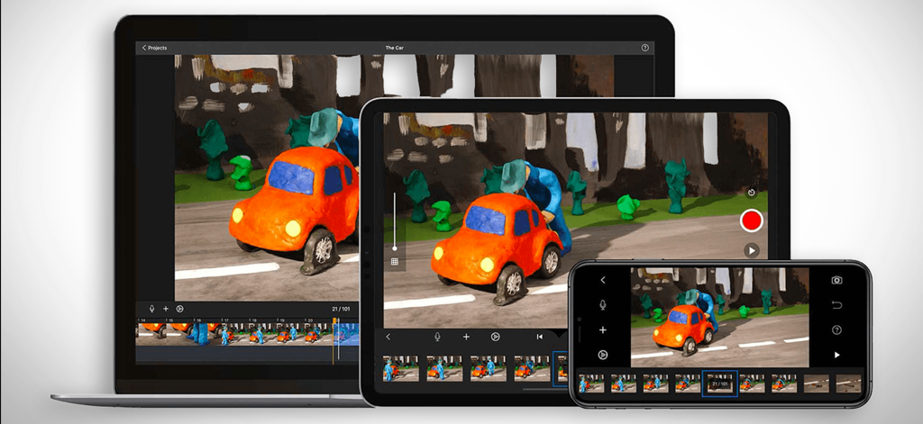 Stop Motion Studio Pro - Interface do aplicativo Stop Motion Studio Pro exibida em um laptop, tablet e smartphone mostrando um projeto de animação de claymation
