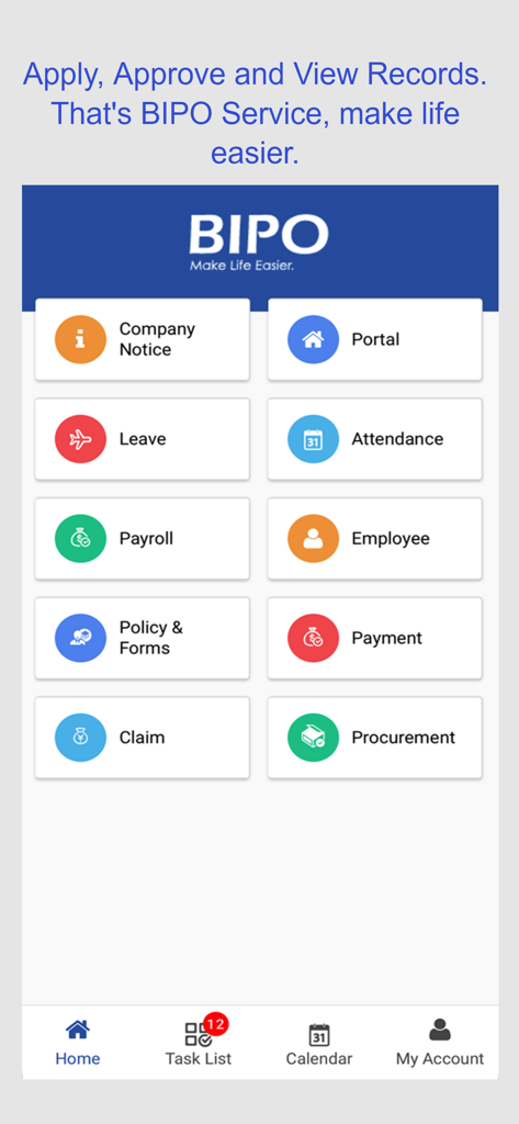 BIPO HRMS - BIPO HRMS mobile app home screen showing HR management modules
