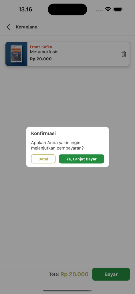 Baca Kakatua - Ebook payment confirmation popup in the Baca Kakatua mobile app
