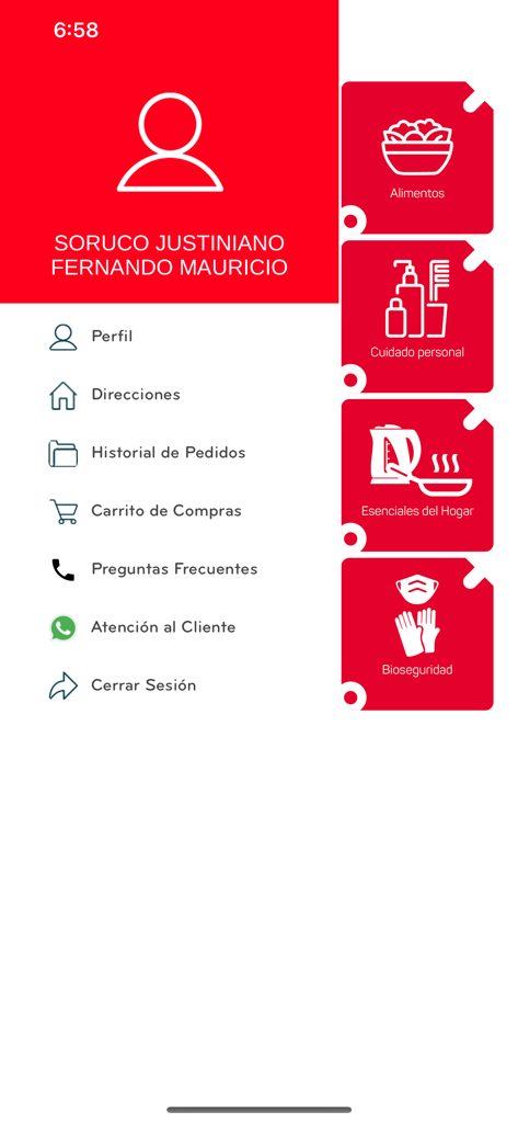 User profile and main menu screen of the Mixo shopping app with categories for food and personal care