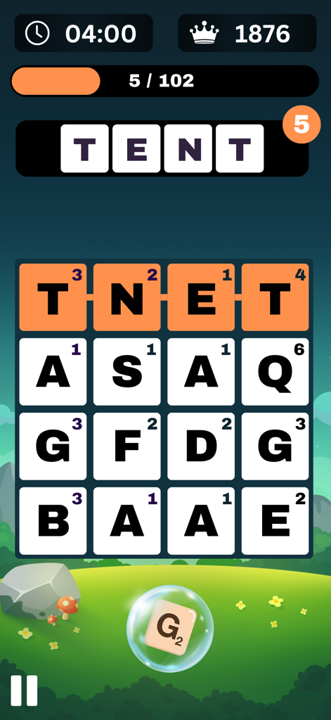 Word Money Game interface showing a letter grid and word formation for points