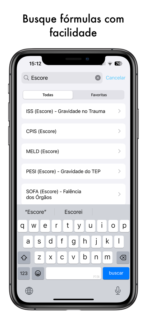 Dr Calc - Calculadoras Médicas - Pantalla de iPhone mostrando la interfaz de búsqueda de la aplicación Dr Calc con una lista de puntuaciones médicas y una barra de búsqueda.