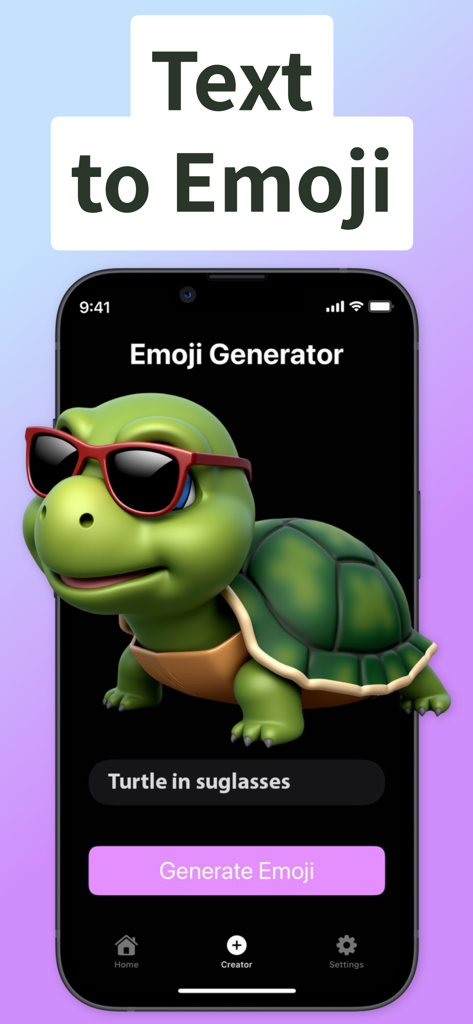 Genemoji - AI Emoji Maker - The Genemoji app interface demonstrating text to emoji generation with a 3D turtle wearing sunglasses.