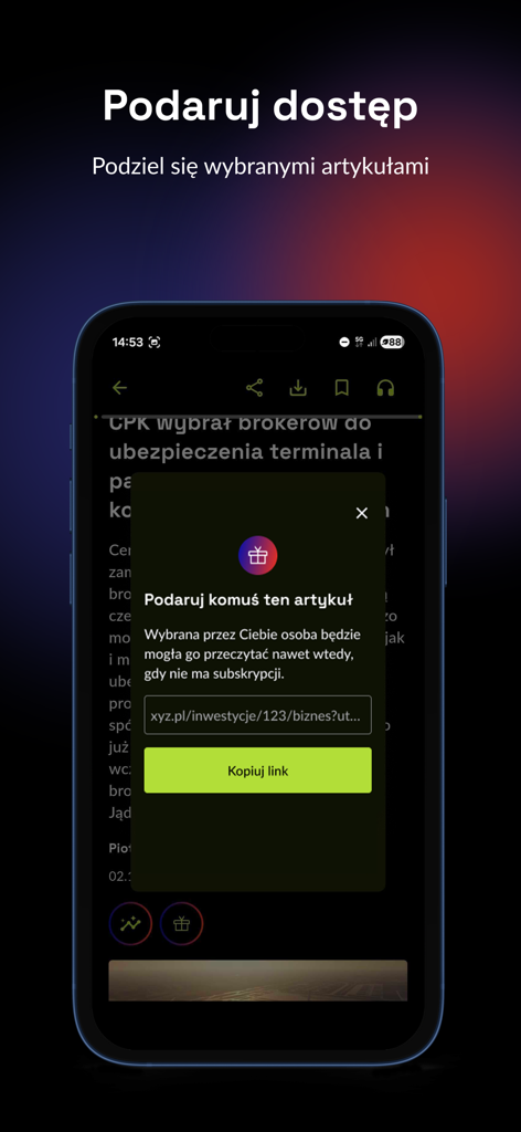 XYZ - Interfaz de la app de noticias XYZ para compartir y regalar artículos a no suscriptores.