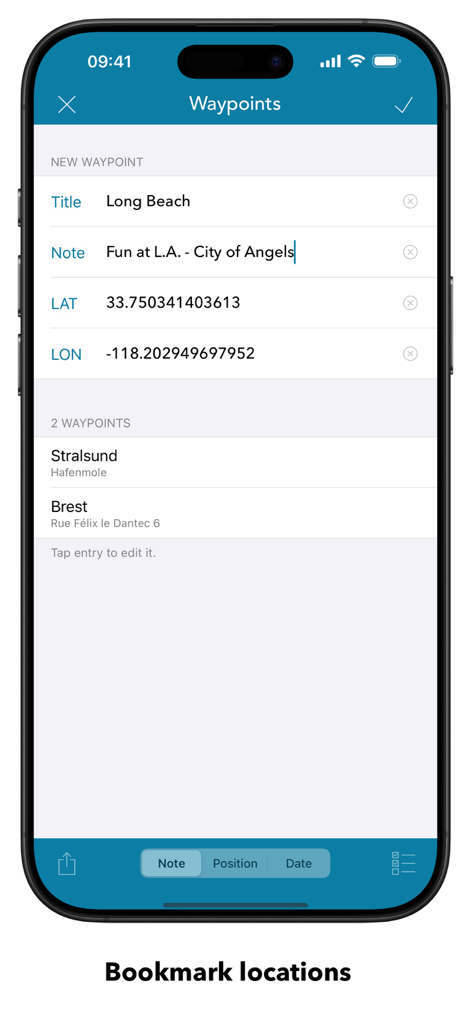 OpenSeaMap Mobile-App-Bildschirm für Wegpunkte, der markierte nautische Orte und die Eingabe von Koordinaten zeigt