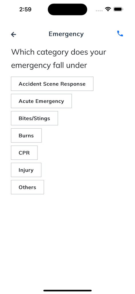 Emergency category selection screen in the My Home Clinic app.