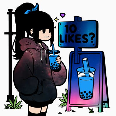 girl with oversized hoodie drinking boba and she has a high ponytail with a sign that says 10likes?