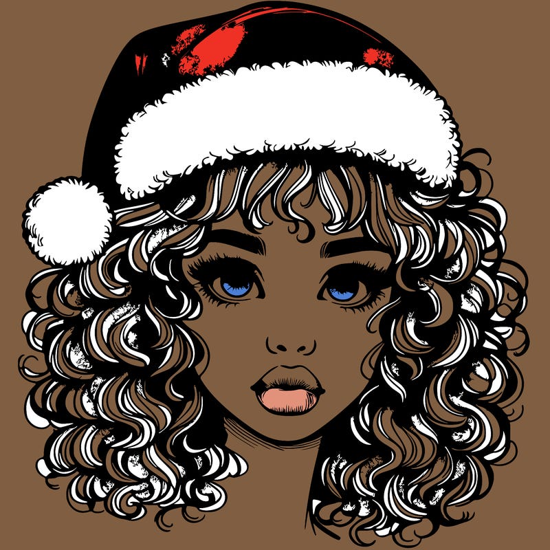 realistic girl with a santa hat curly hair and lips