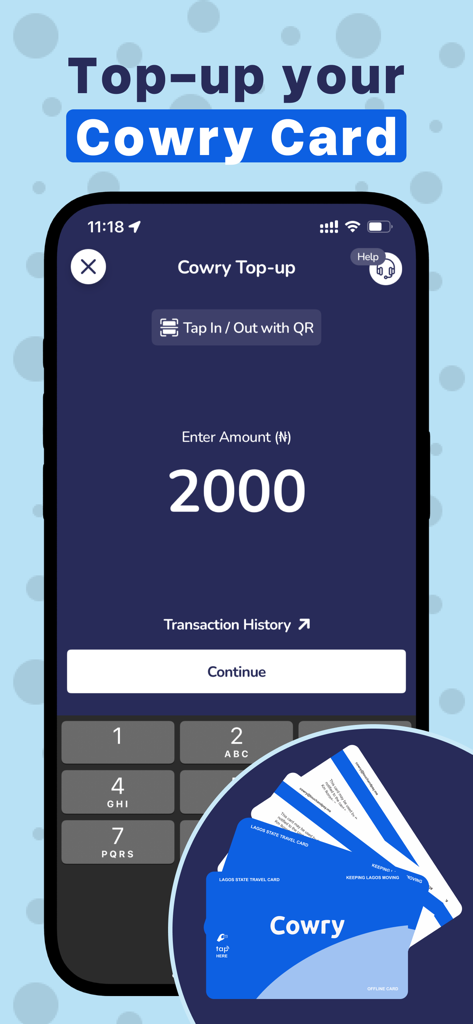 OrnaMap: Lagos Transport App - Mobile interface of OrnaMap app showing the Cowry Card top-up screen for Lagos public transport payments.
