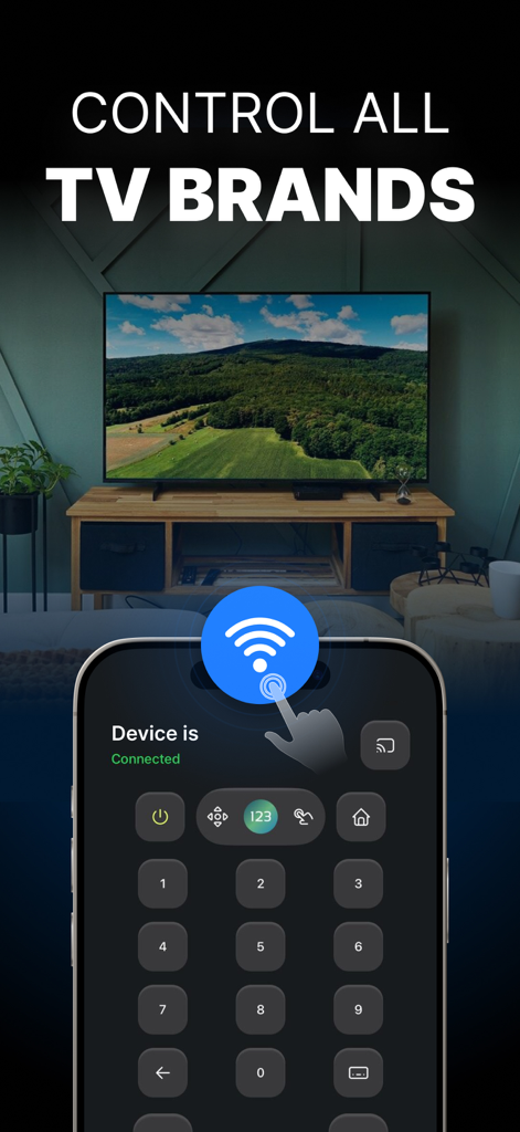 Universal Remote: TV Control + - Universal remote app interface on iPhone showing a numeric keypad and connected status for smart TVs