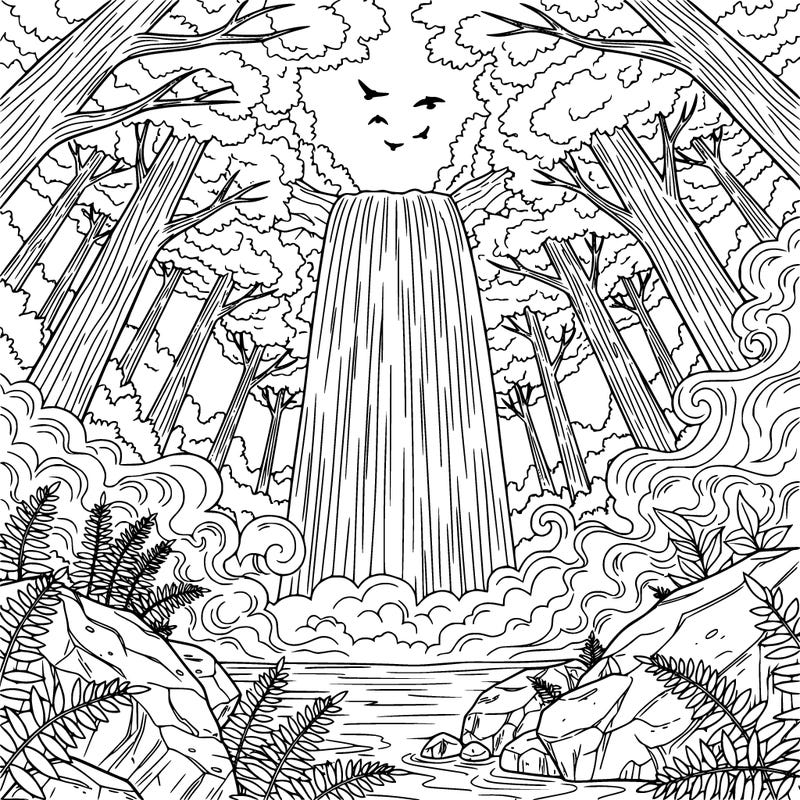 waterfall in a dense forest, mist rising, rocks and ferns at the base, birds flying nearby. detailed line art, black and white