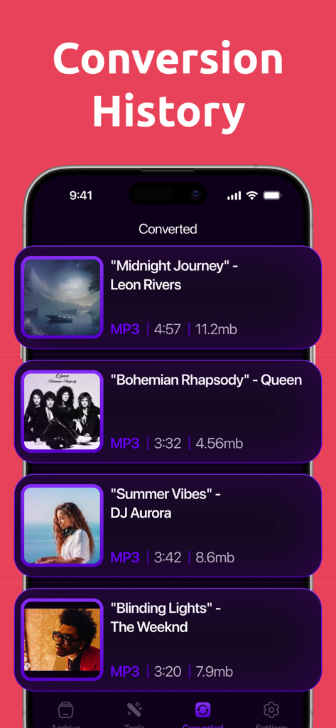 MP3 Audio Converter app conversion history screen showing a list of converted audio tracks