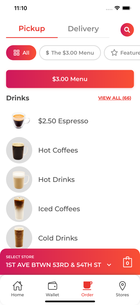 Matto Espresso - Tela de pedido de retirada do aplicativo Matto Espresso mostrando categorias de bebidas e opções de cardápio acessíveis em Nova York