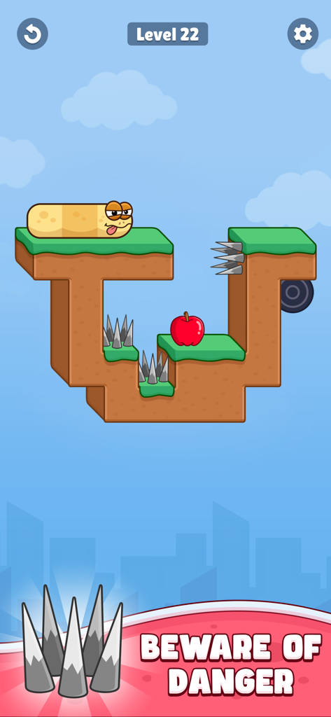 Snake Puzzle: Slither Master - Snake Puzzle Slither Master gameplay screen featuring a snake character navigating a platform with spikes and an apple