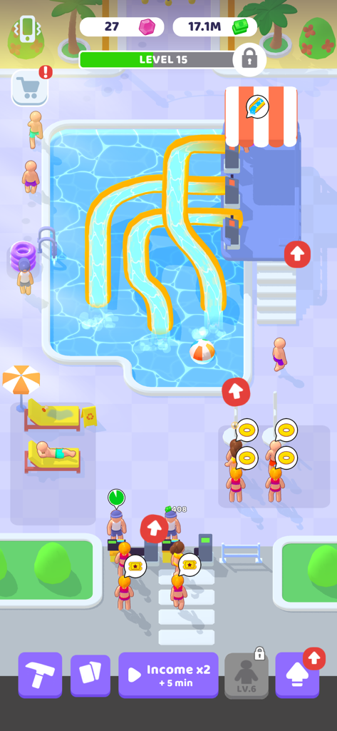 My Aquapark: Idle Water Empire - Top-down view of water park management with slides and guest queues in My Aquapark Idle Water Empire