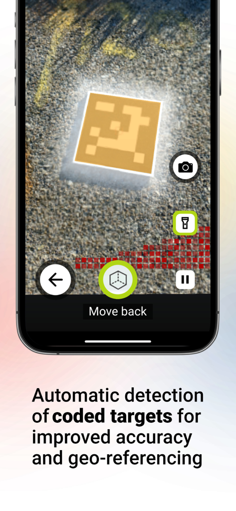 Dot3D - LiDAR 3D Scanning - Interface do aplicativo Dot3D mostrando detecção automática de alvos codificados para melhorar a precisão do escaneamento 3D