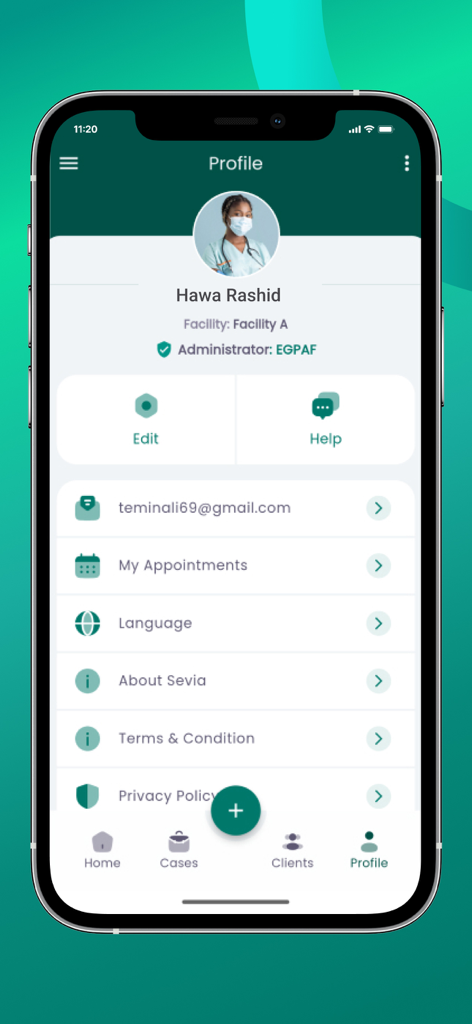 SEVIA - La pantalla del perfil de usuario de la aplicación SEVIA que muestra los detalles del proveedor de atención médica y la configuración de la cuenta.
