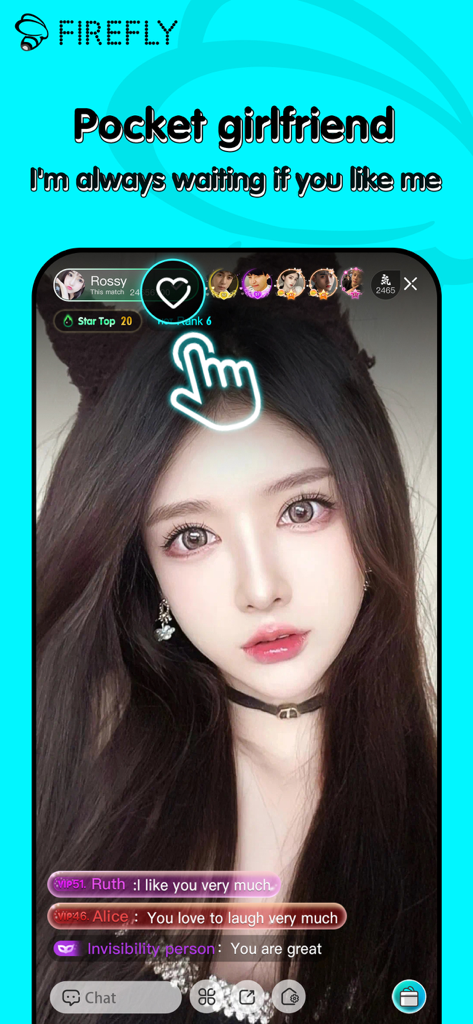 A live streaming screen from Firefly Live featuring a female host and the text pocket girlfriend