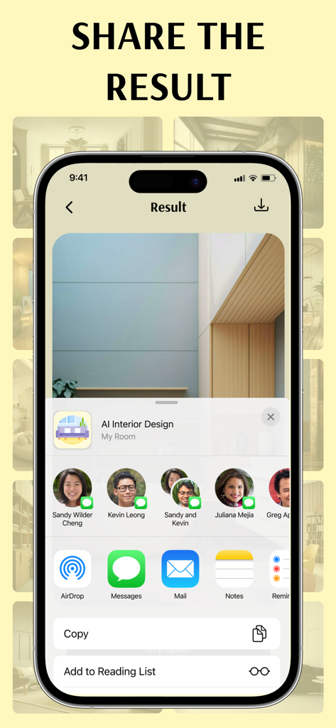 Ein iPhone-Bildschirm, der ein modernes, KI-generiertes Raumdesign mit geöffnetem iOS-Freigabemenü anzeigt, um das Ergebnis an andere zu senden.