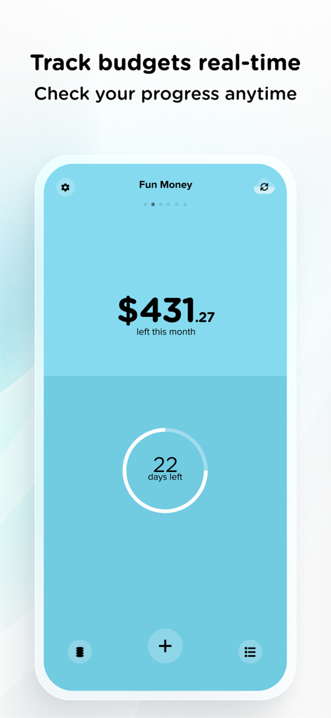 Mobile app interface showing a blue minimalist budget screen for fun money with amount remaining and days left