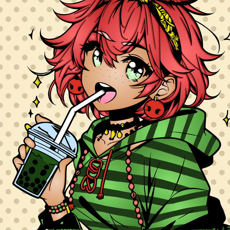 hot baddie anime girl drinking boba and biting the straw