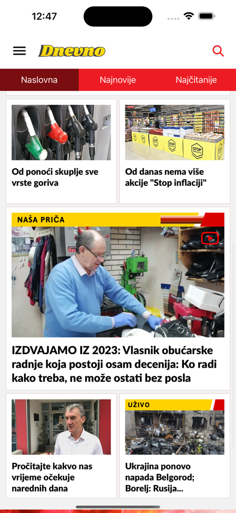 Dnevno.me news app interface with home screen news articles in Montenegrin