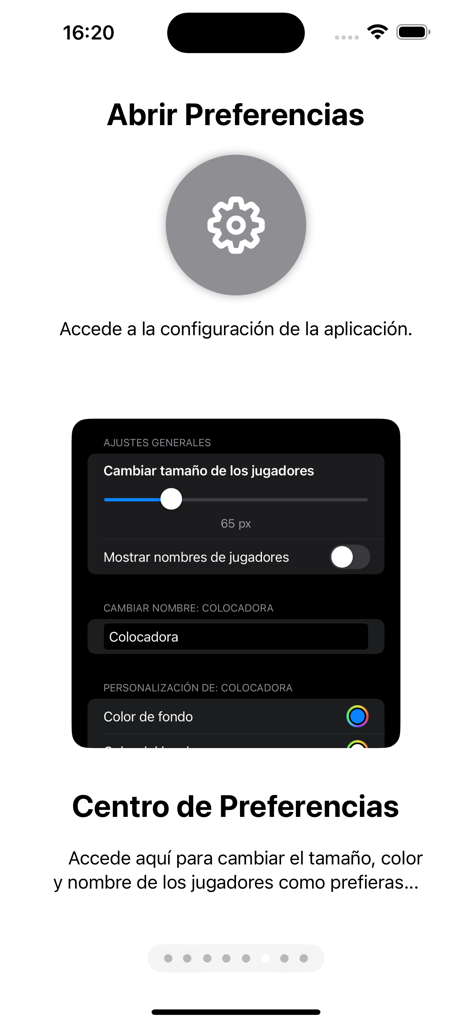 Rotaciones Voleibol - Centro de preferencias en la app de rotación de voleibol para personalizar tamaños, nombres y colores de jugadores