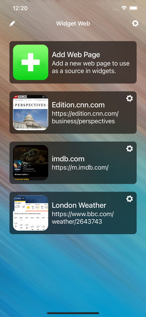 Widget Web 26 - CNN、IMDb、BBC Weatherなどのウェブサイトのリストが表示され、ウィジェット作成に使用されるWidget Webアプリのインターフェイス。